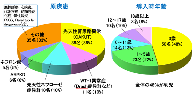 腹膜透析導入患者105名の原疾患・導入時年齢