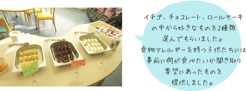 苺、チョコレート、ロールケーキの中から好きなものを2種類選んでもらいました。食物アレルギーを持つ子供たちには事前に何が食べたいか聞き取り要望にあったものを提供しました。
