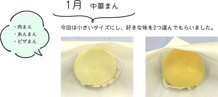 1月「中華まん」肉まん、あんまん、ピザまん
今回は小さいサイズにし、好きな味を2つ選んでもらいました。