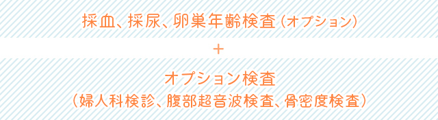 【採血、採尿、卵巣年齢検査（オプション）】＋【オプション検査（婦人科検診、腹部超音波検査、骨密度検査）】